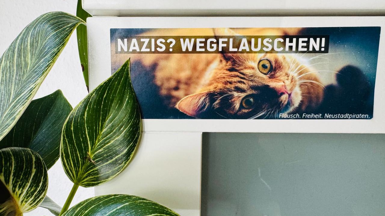Ein Sticker mit einer Katze darauf an einer Tür. Auf dem Sticker steht: "Nazis? Wegflauschen!"