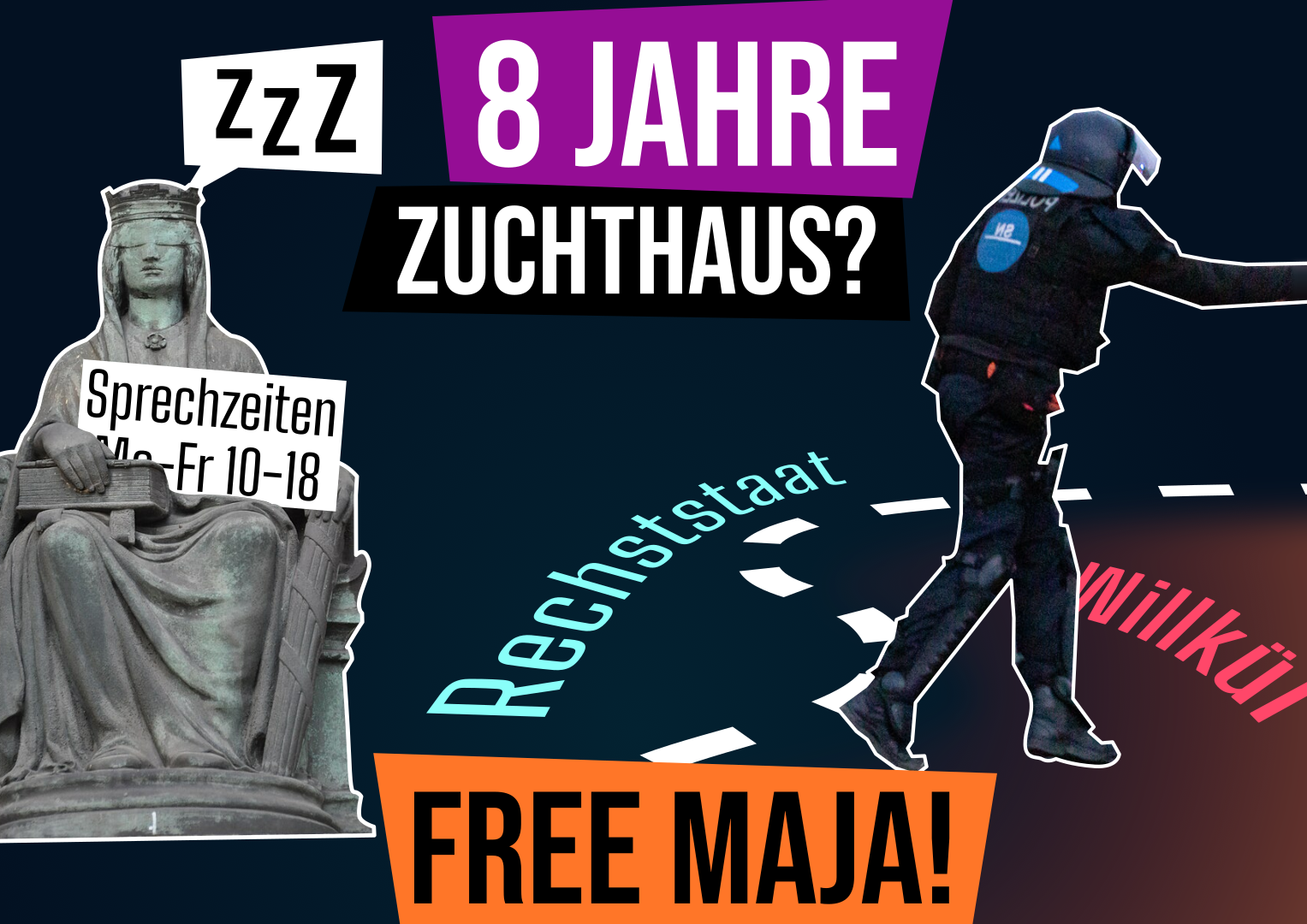 Sharepic mit Claim: 8 Jahre Zuchthaus? Free Maja. Bebildert mit einer schlafenden Justizia-Statue und einer Polizeikraft, die eine Grenze von Rechtstaat nach Willkür überschreitet.