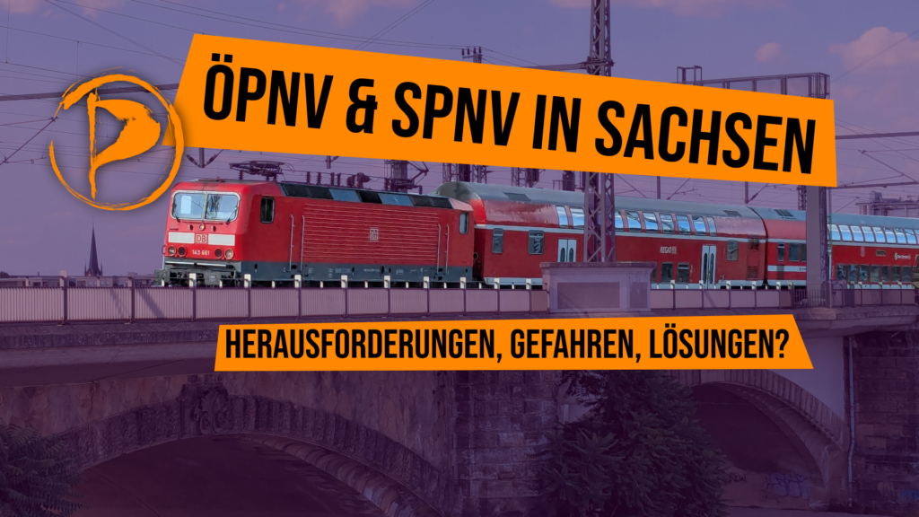 Bild einer S-Bahn, darüber orange Texboxen, "ÖPNV&SPNV in Sachen" und "Herausforderungen, Gefahren, Lösungen"